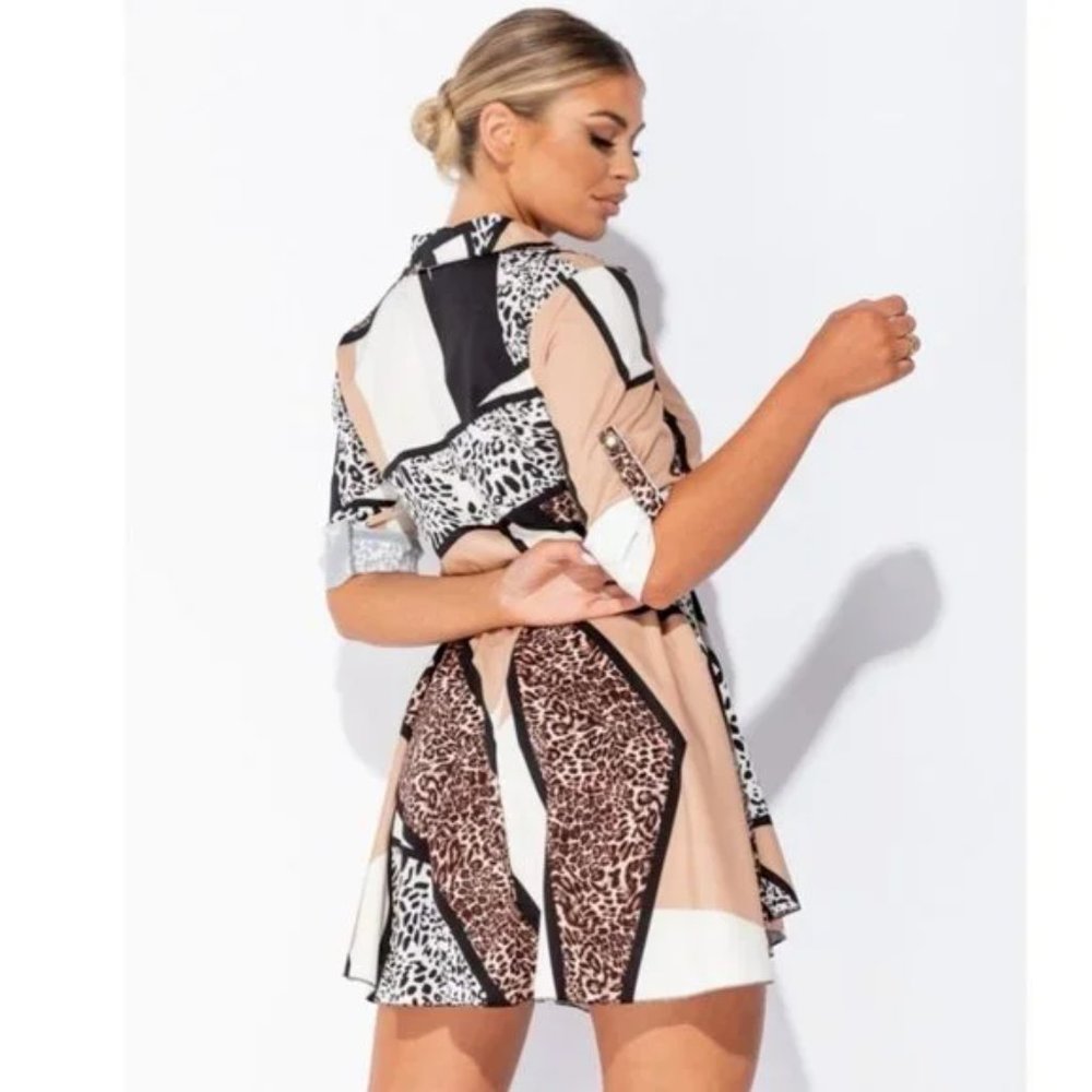 Leopard Print Abstract Print Long Roll Tab Sleeve Loose Fit Mini Shirt Dress - Picture 5 of 13
